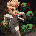 a blond man with brown eyes, white modern and fashionable clothes, running away from green red-one-eyed creatures, dark setting, near a brick wall, red lighting