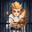 a blond man with a spiky hairstyle, brown eyes, white modern and fashionable clothes, inside a prison cage, holding a magic three wishes lamp