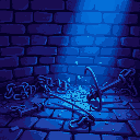 broken and shattered chains, thrown pitchforks, on a brick floor, blue and purple lighting