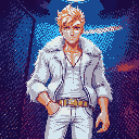 a blond man with brown eyes, thin white fur jacket, white fancy jeans, inside a mesh cage, red and blue lighting