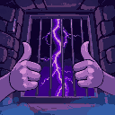 thumbs up inside a prison cage, purple lightning