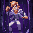 blond man with white jeans, white jacket, breaking free from a cage, purple lighting, dark setting, close up