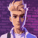 a blond man with a spiky hairstyle, brown eyes, white modern and fashionable clothes, portrait, serious expression, in front of a brick wall, purple and blue lighting