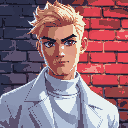 a portrait picture of a blond man with brown eyes, white modern and fashionable clothes, with a semi-serious expression, in front of a brick wall, blue and red lighting