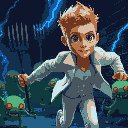 a blond man with brown eyes, white modern and fashionable clothes, running away from green red-one-eyed creatures holding pitchforks, dark setting, near a brick wall, blue lightning