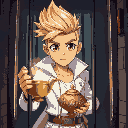 a blond man with a spiky hairstyle, brown eyes, white modern and fashionable clothes, inside a prison cage, holding a magic three wishes lamp