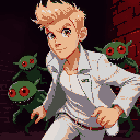 a blond man with brown eyes, white modern and fashionable clothes, running away from green red-one-eyed creatures, dark setting, near a brick wall, red lighting