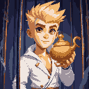 a blond man with a spiky hairstyle, brown eyes, white modern and fashionable clothes, inside a prison cage, holding a magic three wishes lamp