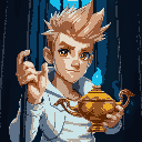 a blond man with a spiky hairstyle, brown eyes, white modern and fashionable clothes, inside a prison cage, holding a magic three wishes lamp, dark setting, blue lighting