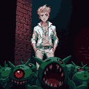 a blond man with brown eyes, white modern and fashionable clothes, standing over defeated green red-one-eyed creatures, dark setting, near a brick wall, red and blue lighting
