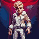 a blond man with brown eyes, thin white fur jacket, white fancy jeans, inside and holding a mesh cage, red and blue lighting