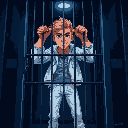 blond man with white jeans, white jacket, locked inside a cage, blue lighting, dark setting