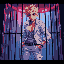 a young blond guy with fancy white jacket and white jeans, trapped inside a cage, red and blue lighting