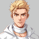 a portrait picture of a blond man with brown eyes, white modern and fashionable clothes, with a semi-serious expression