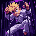 blond man with white jeans, white jacket, breaking free from a cage, purple lighting, dark setting, close up
