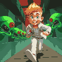 blond man with youthful face, white jeans, white jacket, running from very short green red-one-eyed creatures that are holding villas, inside a maze, red lighting