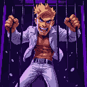 blond man with white jeans, white jacket, breaking free from a cage, purple lighting, dark setting, close up