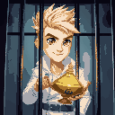 a blond man with a spiky hairstyle, brown eyes, white modern and fashionable clothes, inside a prison cage, holding a magic three wishes lamp