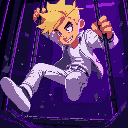 blond man with white jeans, white jacket, breaking free from a cage, purple lighting, dark setting, close up