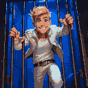 blond man with youthful face, white jeans, white jacket, escaping from a cage, blue lighting