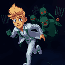 a blond man with brown eyes, white modern and fashionable clothes, running away from green red-one-eyed creatures holding pitchforks, dark setting, near a brick wall, blue lighting
