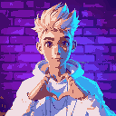 a blond man with a spiky hairstyle, brown eyes, white modern and fashionable clothes, portrait, making a heart shape with hands, in front of a brick wall, purple and blue lighting