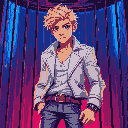 a young blond man with brown eyes, fancy white jacket and jeans, inside a cage, red and blue lighting