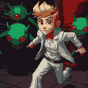 a blond man with brown eyes, white modern and fashionable clothes, running away from green red-one-eyed creatures, dark setting, near a brick wall, red lighting