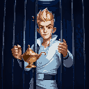 a blond man with a spiky hairstyle, brown eyes, white modern and fashionable clothes, inside a prison cage, holding a magic three wishes lamp, dark setting, blue lighting