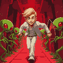 blond man with youthful face, white jeans, white jacket, running from very short green red-one-eyed aliens that are holding villas, inside a maze, red lighting