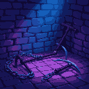 broken chains and lying pitchforks on a brick floor, blue and purple lighting