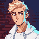 a portrait picture of a blond man with brown eyes, white modern and fashionable clothes, with a semi-serious expression, in front of a brick wall, blue and red lighting