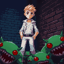 a blond man with brown eyes, white modern and fashionable clothes, standing over defeated green red-one-eyed creatures, dark setting, near a brick wall, red and blue lighting