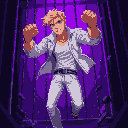 blond man with white jeans, white jacket, breaking free from a cage, purple lighting, dark setting