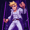 blond man with white jeans, white jacket, breaking free from a cage, purple lighting, dark setting, close up