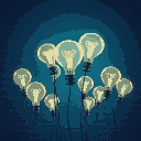 a picture of a bunch of light bulbs rising up, depicting the ideas in the human mind, dark blue background, in front of a brick wall
