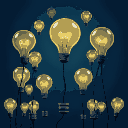 a picture of a bunch of light bulbs rising up, depicting the ideas in the human mind, dark blue background