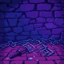 broken and shattered chains, thrown pitchforks, on a brick floor, blue and purple lighting