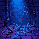 broken and shattered chains, thrown pitchforks, on a brick floor, blue and purple lighting