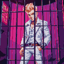 a blond guy with taper fade, fancy white jacket and white jeans, trapped inside a cage, red and blue lighting