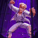 blond man with white jeans, white jacket, breaking free from a cage, purple lighting, dark setting, close up
