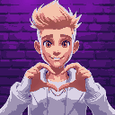 a blond man with a spiky hairstyle, brown eyes, white modern and fashionable clothes, portrait, smiling, making a heart shape with hands, in front of a brick wall, purple and blue lighting