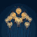a picture of a bunch of light bulbs rising up, depicting the ideas in the human mind, dark blue background