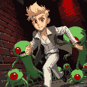 a blond man with brown eyes, white modern and fashionable clothes, running away from green red-one-eyed creatures, dark setting, near a brick wall, red lighting