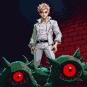 a blond man with brown eyes, white modern and fashionable clothes, standing over defeated green red-one-eyed creatures, dark setting, near a brick wall, red and blue lighting