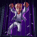 blond man with white jeans, white jacket, breaking free from a cage, purple lighting, dark setting, close up