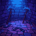 broken chains and pitchforks on a brick floor, blue and purple lighting