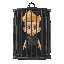 a blond man with a spiky hairstyle inside a cage, dark background