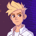 a blond man with a spiky hairstyle, brown eyes, white modern and fashionable clothes, portrait, serious expression, in front of a brick wall, purple and blue lighting