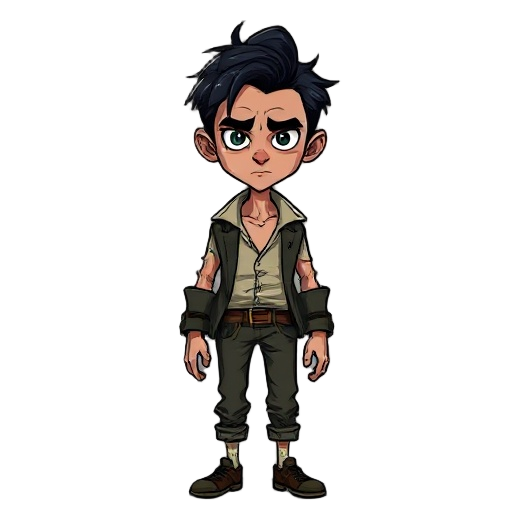 design a thin man, in his thirties, with dark hair and intense eyes. he wears antiquated, worn clothes, reflecting isolation. his physique displays stress and obsession, merging the ordinary with the bizarre in his countenance.